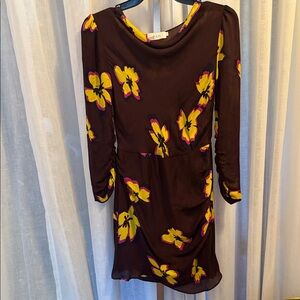 A.L.C. Black and Yellow Floral Long Sleeve Silk Dress